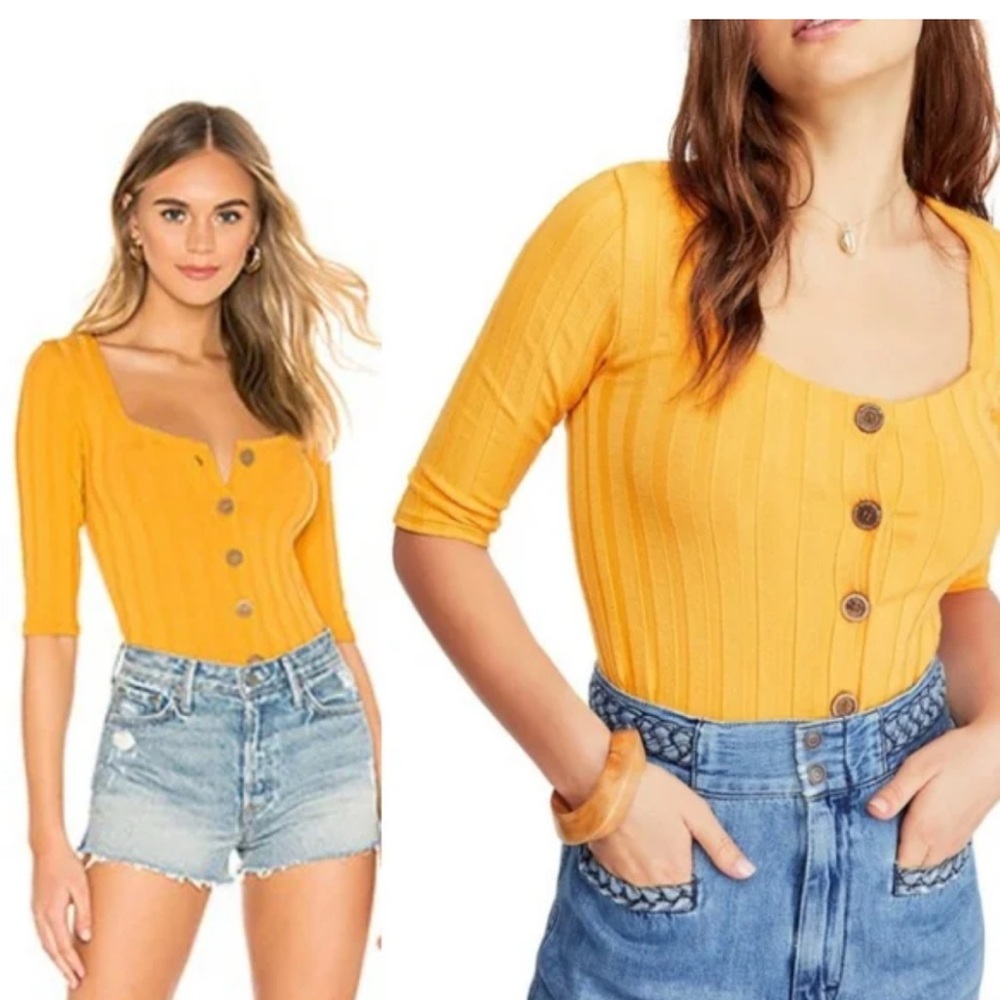 FREE PEOPLE CENTRAL PARK CARDI GOLD RIBBED TOP SIZE M NWT